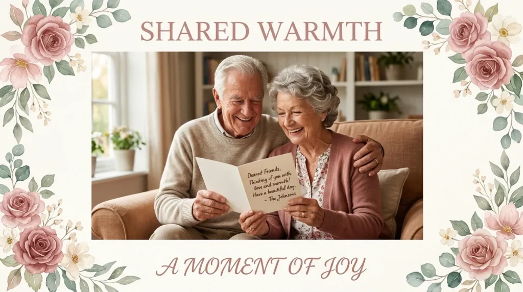 Couple holding a card together for short milestone wedding anniversary quotes for parents