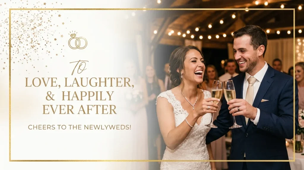 Couple toasting champagne joyfully to celebrate short wedding anniversary captions