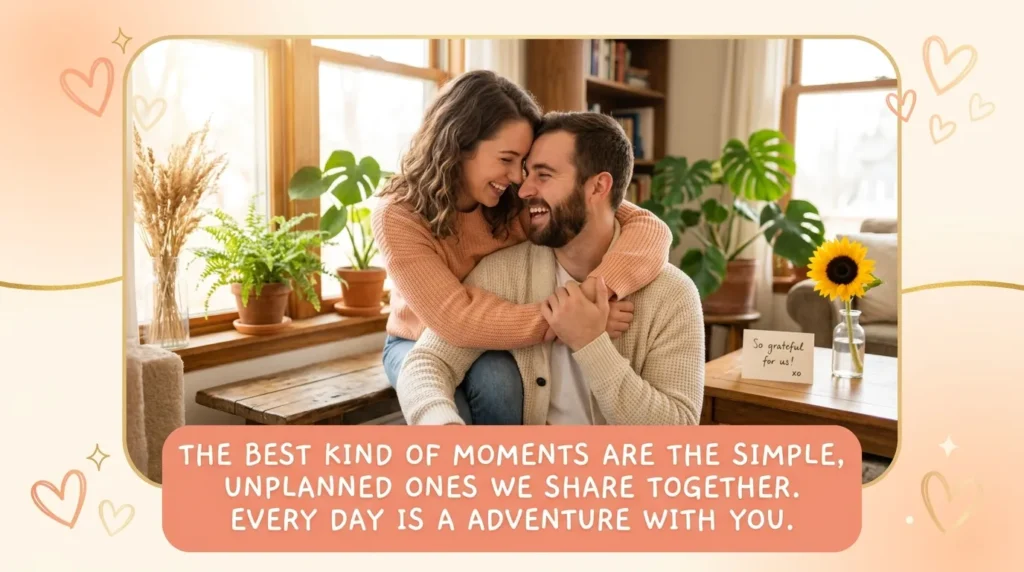 Couple laughing together captures sweet anniversary quotes for him warmly.