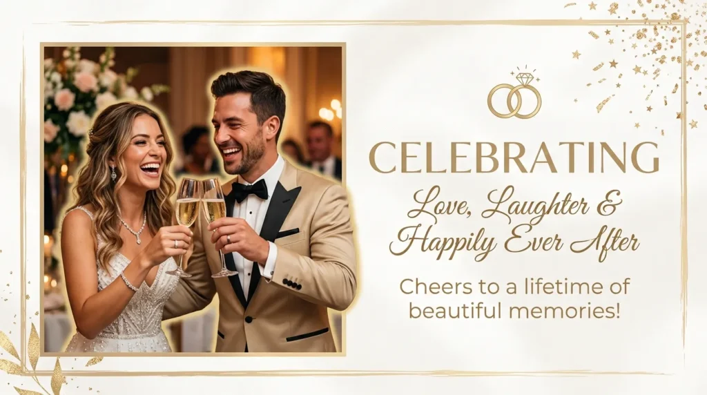 Couple toasting champagne joyfully for wedding anniversary captions for Instagram