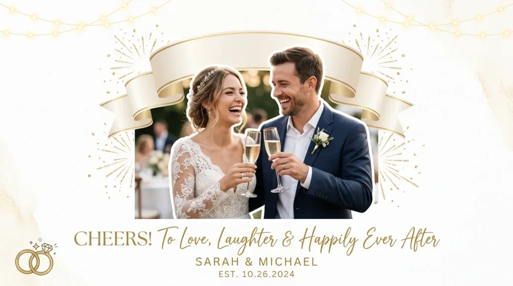 Couple toasting champagne joyfully for a wedding anniversary status for whatsapp
