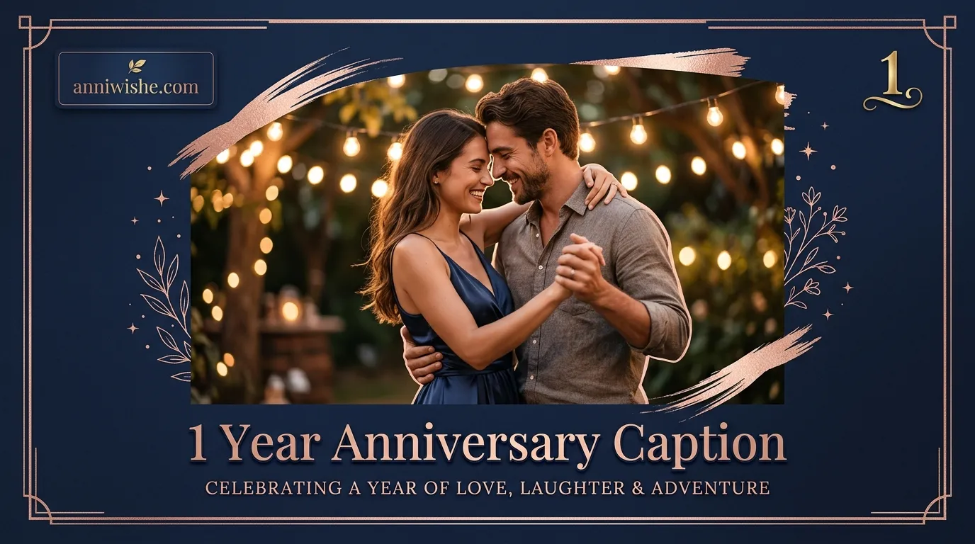 Couple dancing romantically under elegant styling for a 1 year anniversary caption