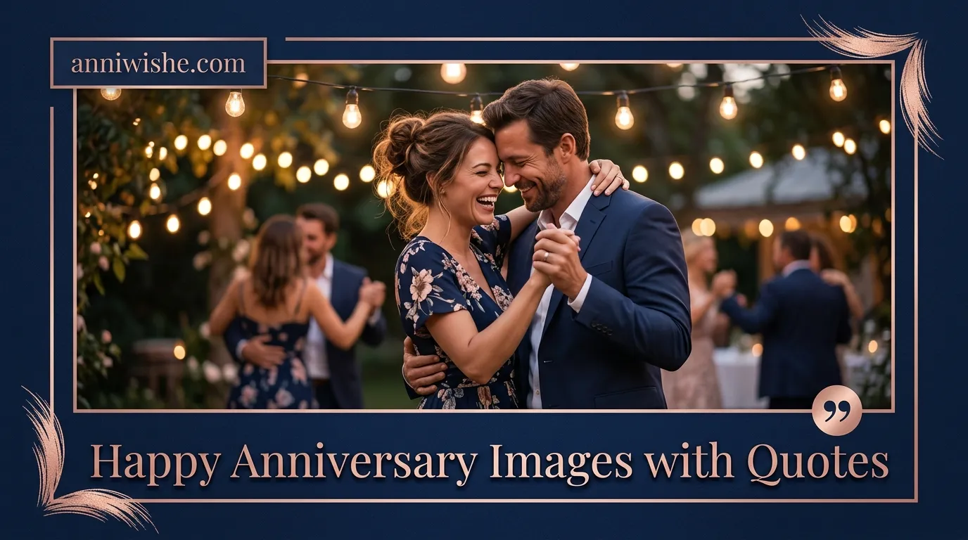 Couple dancing romantically under elegant Happy Anniversary Images with Quotes styling