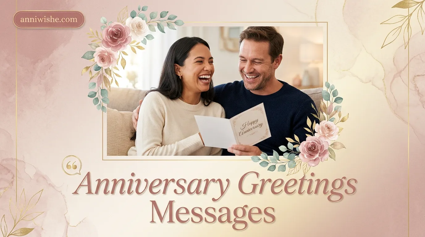 Couple sharing a greeting card near elegant Anniversary Greetings Messages text design