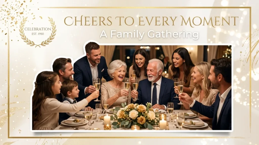 Family toasting together for anniversary messages for a milestone celebration event