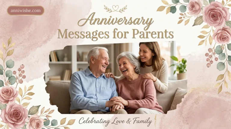 Daughter embracing her parents affectionately near elegant Anniversary Messages for Parents text