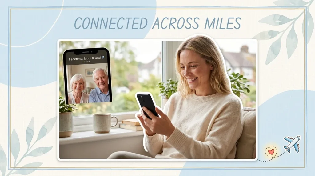 Adult child video calling parents for anniversary messages for parents who live far away
