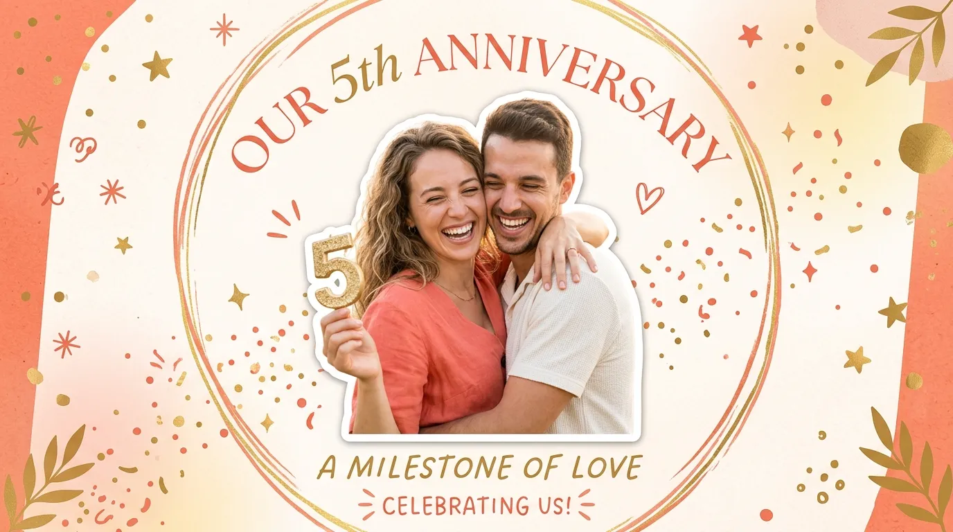 Couple celebrating together with anniversary quotes for a 5-year milestone design