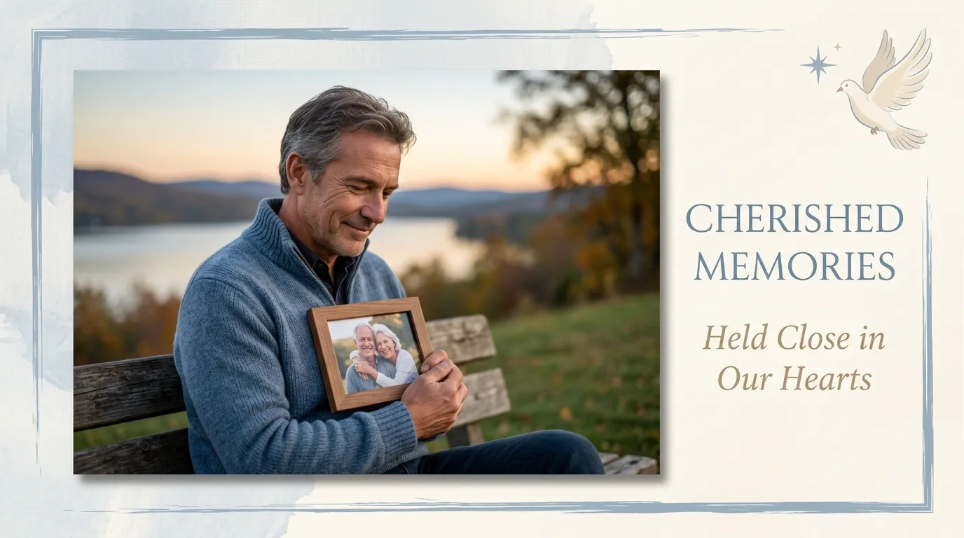 Man holding a framed photo for anniversary quotes for a wife who has passed away