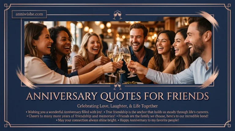 Friends toasting together under elegant Anniversary Quotes for Friends poster styling