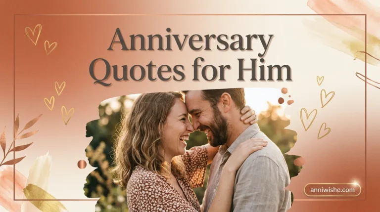 Couple embracing warmly beside elegant text reading Anniversary Quotes for Husband design