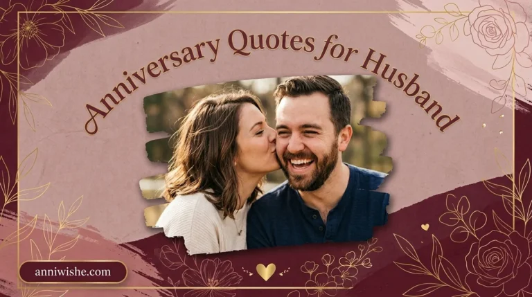 Smiling husband and wife embracing near romantic Anniversary Quotes for Husband design