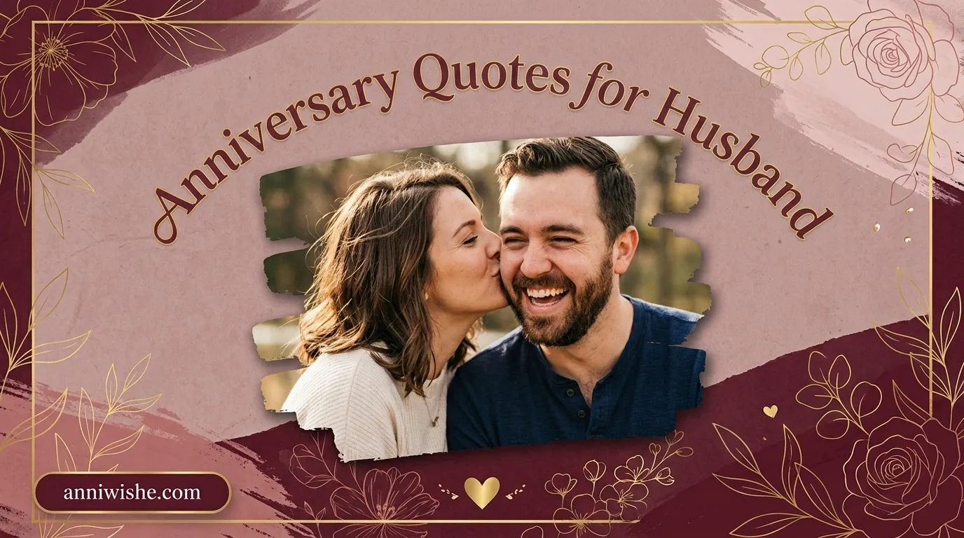 Smiling husband and wife embracing near romantic Anniversary Quotes for Husband design