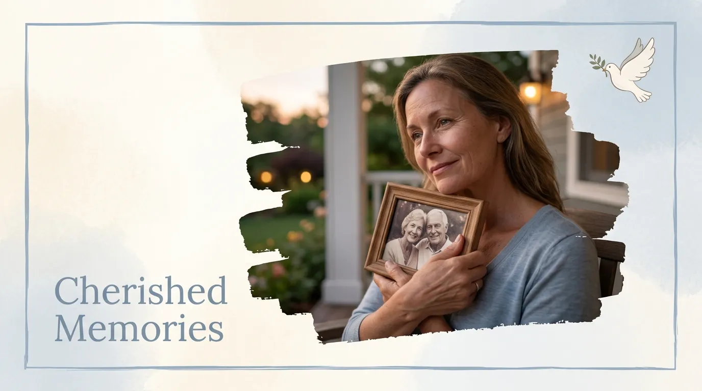 Woman holding a framed photo for anniversary quotes for husband who has passed away