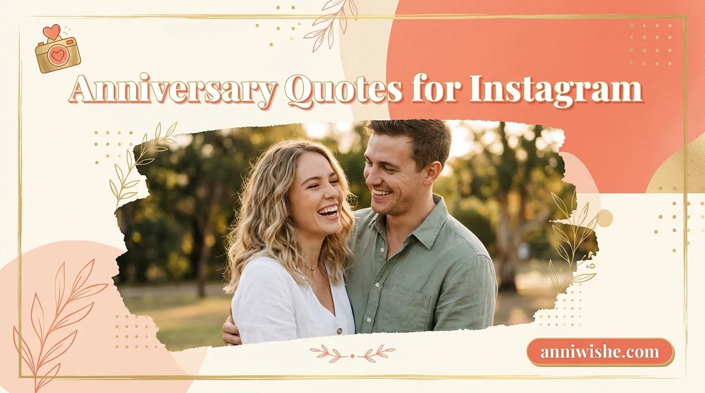 Smiling couple outdoors beside trendy Anniversary Quotes for Instagram feed design