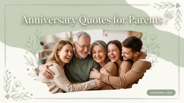 Family embracing elderly parents warmly beside elegant Anniversary Quotes for Parents design