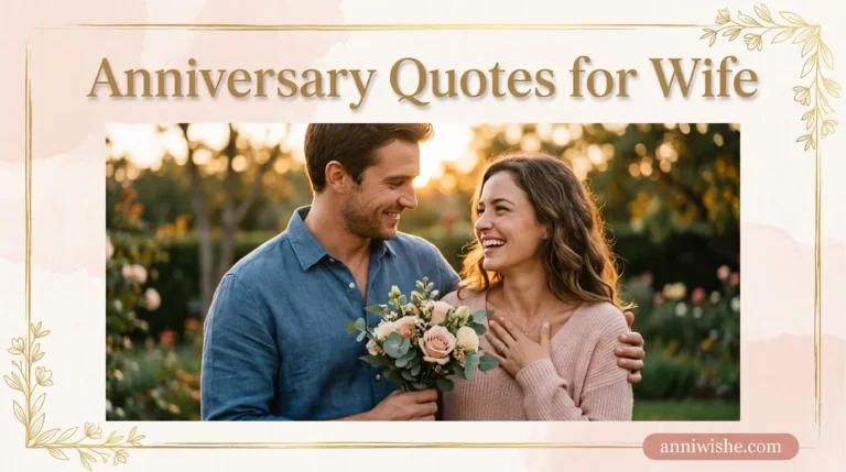 Husband kissing wife's forehead near elegant Anniversary Quotes for Wife text