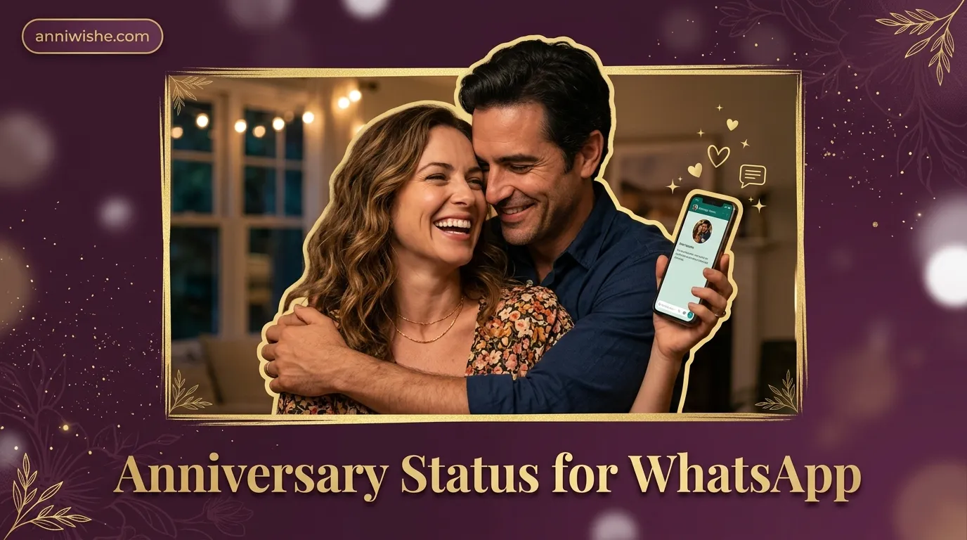 Husband and wife embracing near elegant Anniversary Status for WhatsApp text