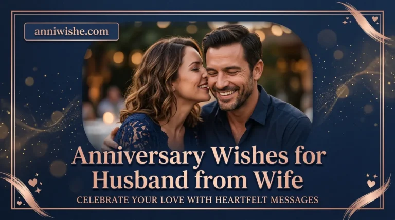 Wife whispering softly to husband under elegant Anniversary Wishes for Husband from Wife styling