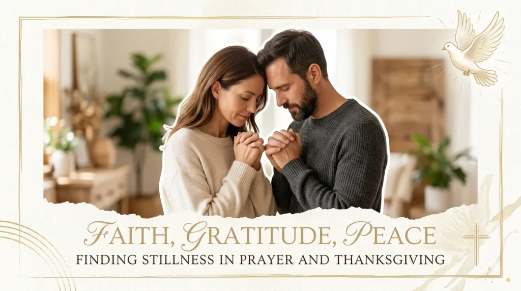 Couple praying together representing faith-based anniversary quotes for husband design