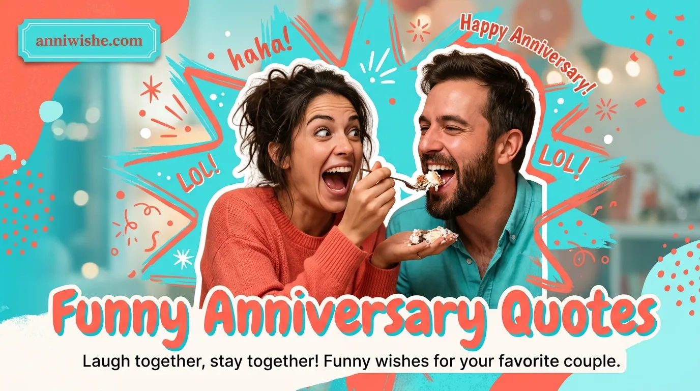Couple sharing a playful laugh under bold Funny Anniversary Quotes poster styling