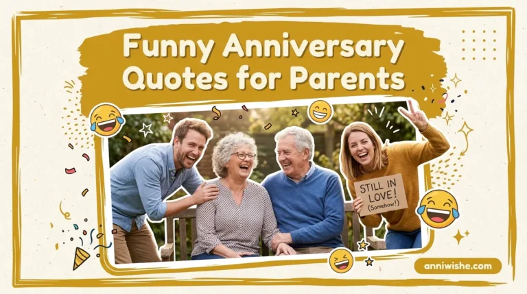 Family laughing together beside cheerful Funny Anniversary Quotes for Parents design