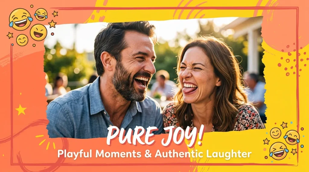 Couple laughing playfully representing funny anniversary quotes for wife design