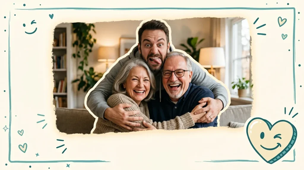 Son hugging his parents playfully for funny anniversary quotes from a son