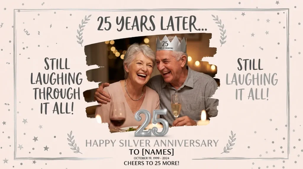 Couple laughing with a paper crown for funny quotes for a 25th anniversary