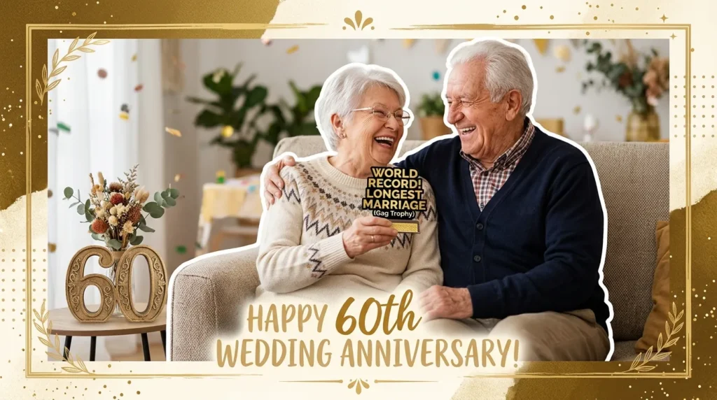 Senior couple laughing with a joke trophy for funny quotes for a 60th anniversary