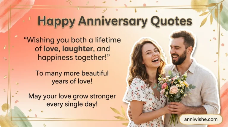 Laughing couple celebrating together beside cheerful happy anniversary quotes text design