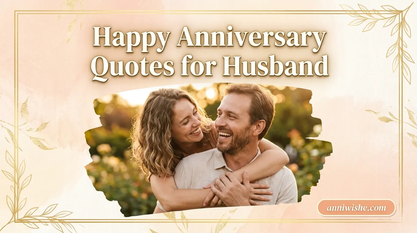 Wife embracing husband joyfully beside elegant Happy Anniversary Quotes for Husband design