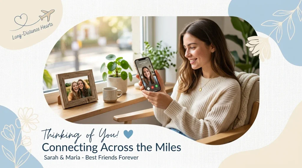 Friend video calling another illustrating long-distance friendship anniversary quotes design