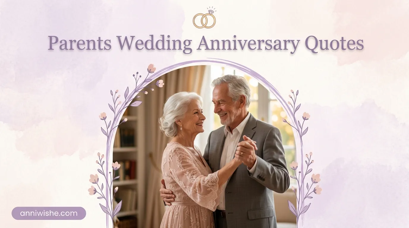 Elderly couple dancing tenderly beside charming Parents Wedding Anniversary Quotes design
