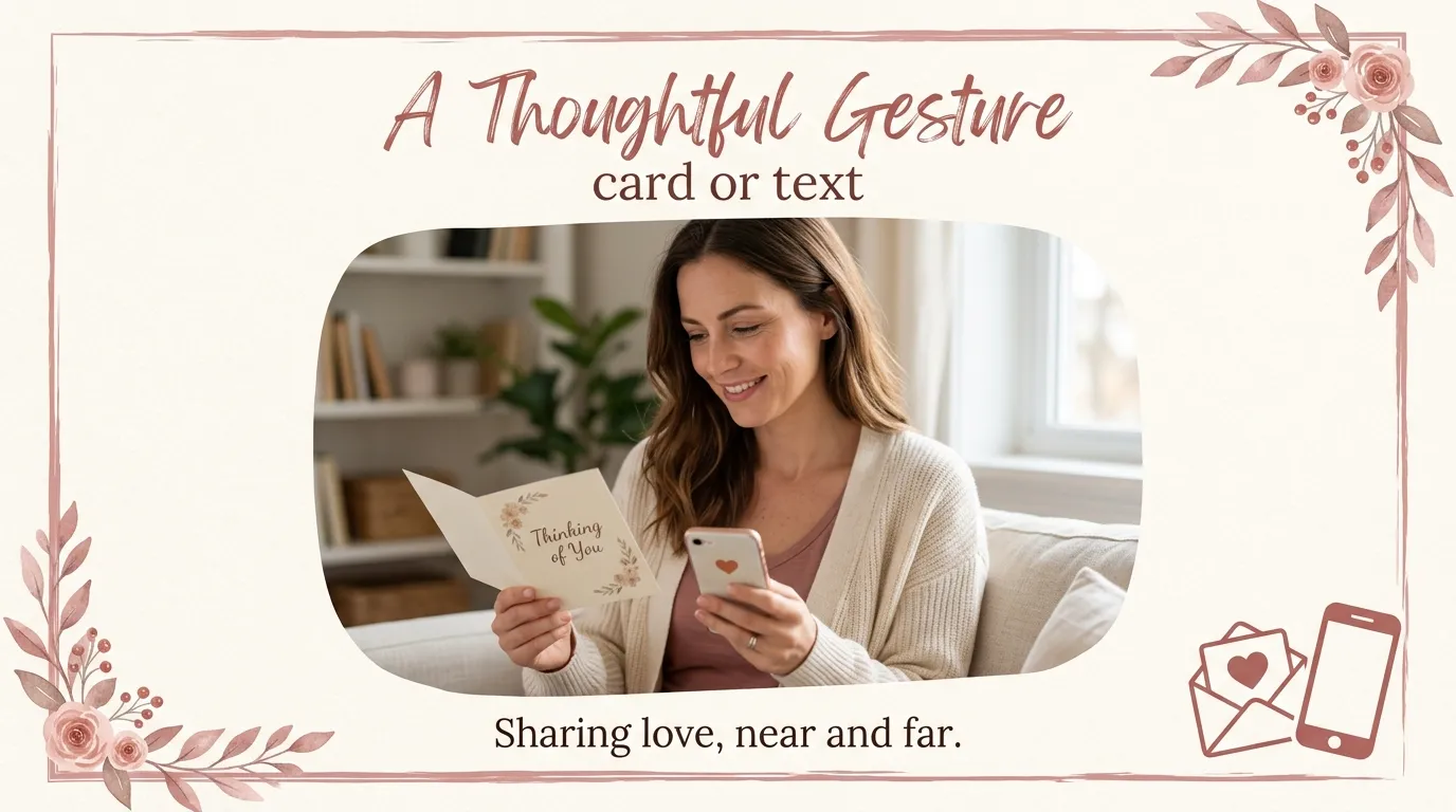 Wife holding a card and phone illustrating short and sweet wishes for a card or text