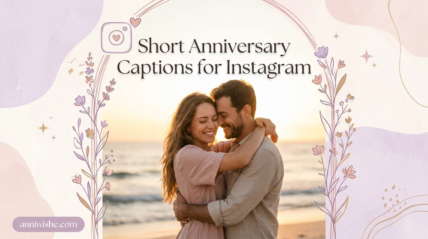 Couple embracing at sunset beside charming Short Anniversary Captions for Instagram design