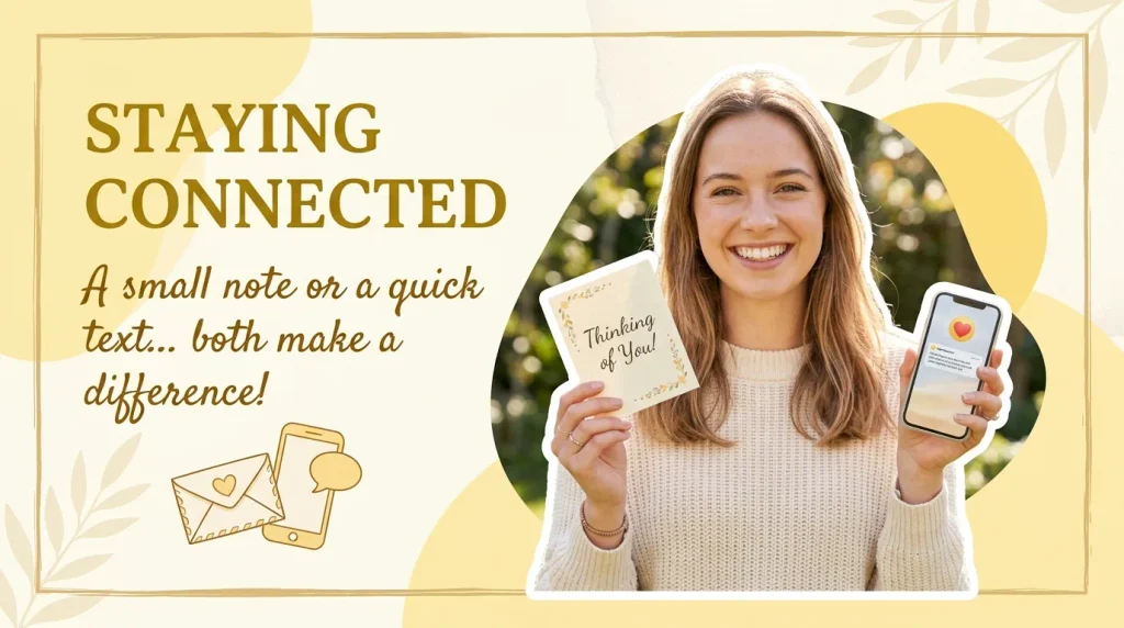 Friend holding a card and phone for short anniversary wishes for friends card and text