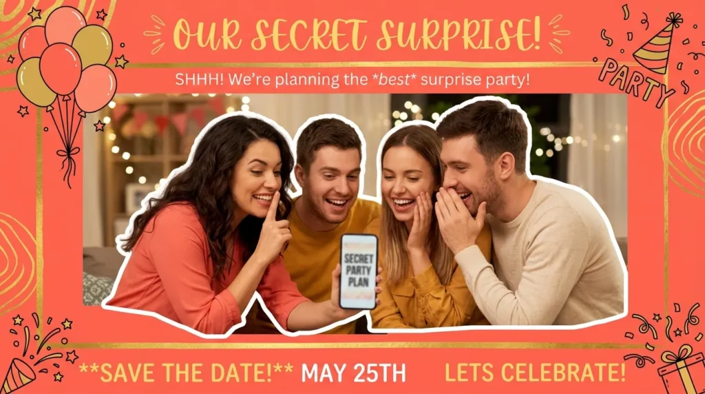 Children planning secretly for surprise anniversary party announcement messages design