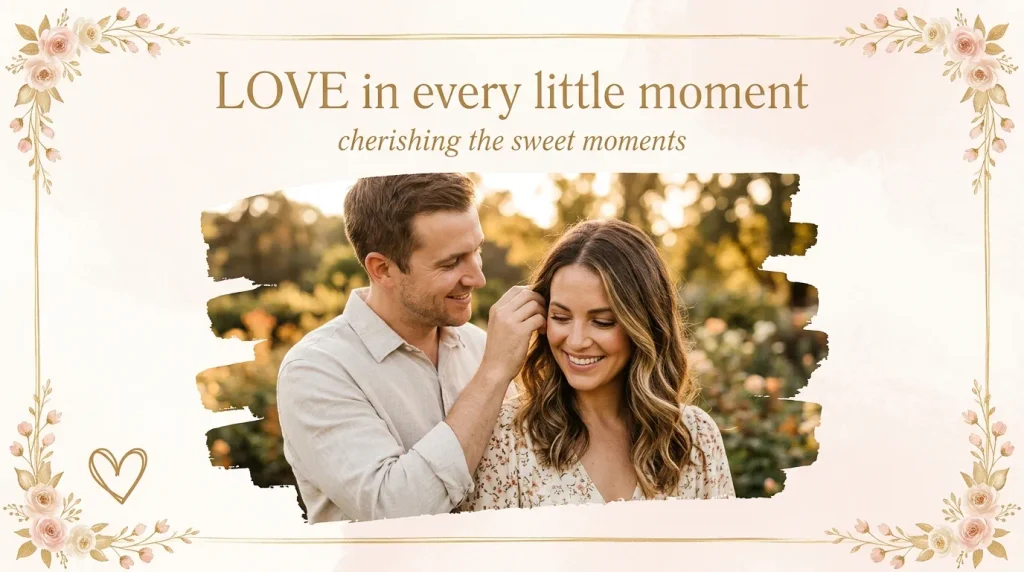 Husband tenderly touching wife's hair for sweet anniversary quotes for wife design