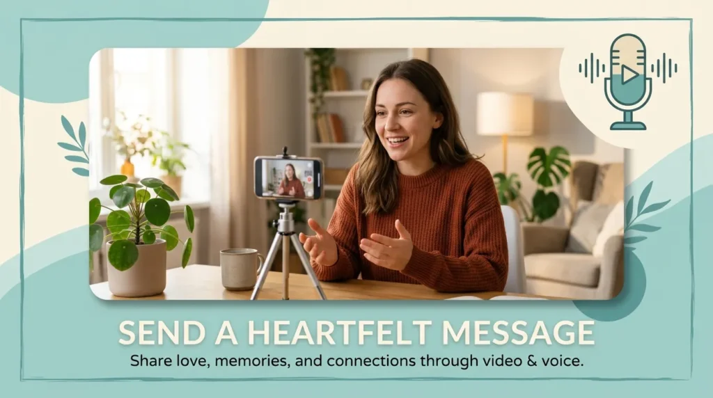 Adult child recording a heartfelt video for parents' anniversary message scripts