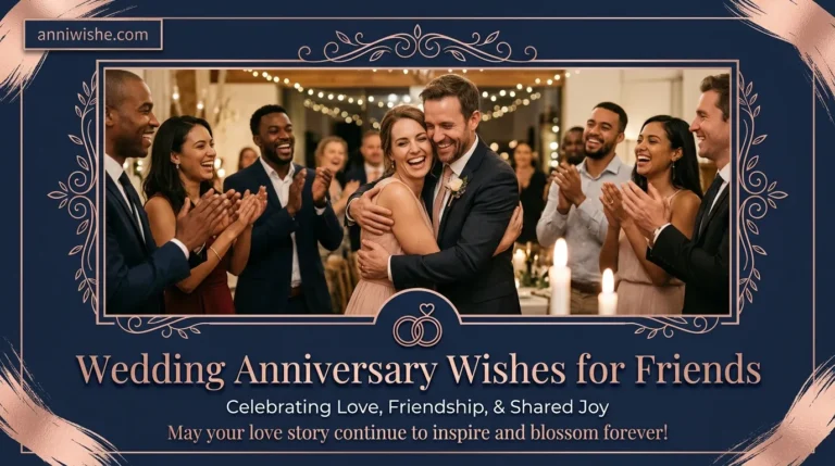 Friends celebrating a married couple under elegant Wedding Anniversary Wishes for Friends styling